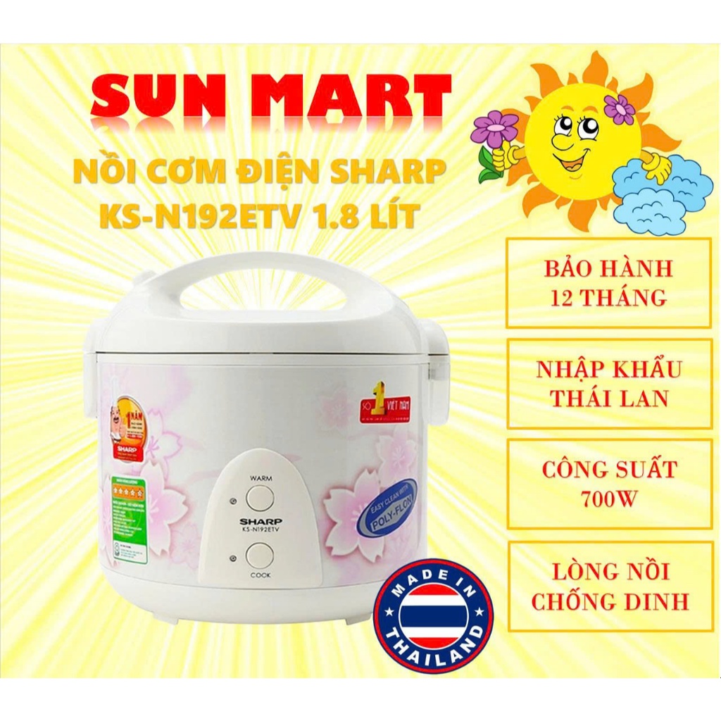 Nồi cơm điện Sharp KS-N192ETV 1.8 lít, nhập khẩu Thái Lan, bảo hành 12 tháng toàn quốc