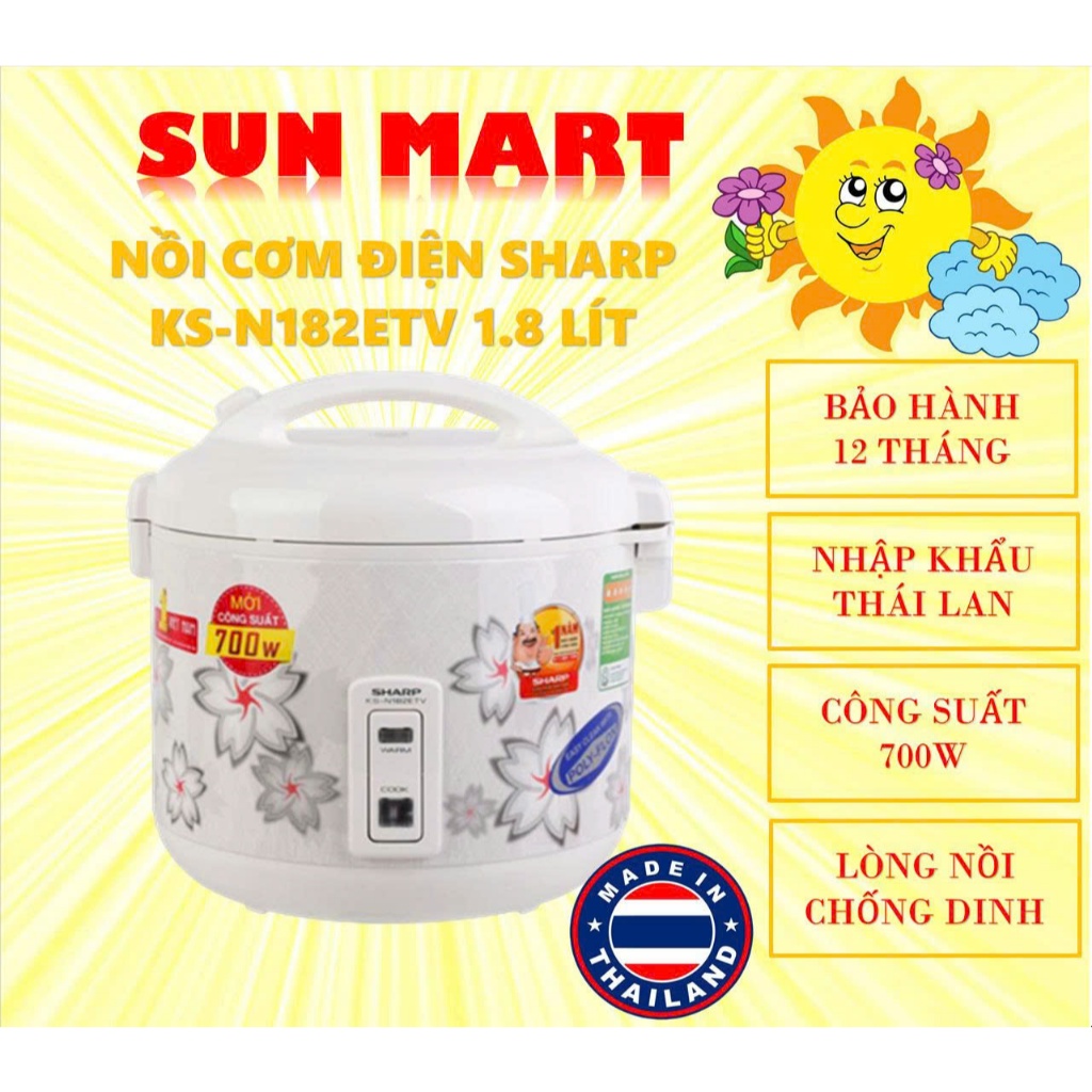 Nồi cơm điện Sharp KS-N182ETV 1.8 lít, nhập khẩu Thái Lan, bảo hành 12 tháng toàn quốc