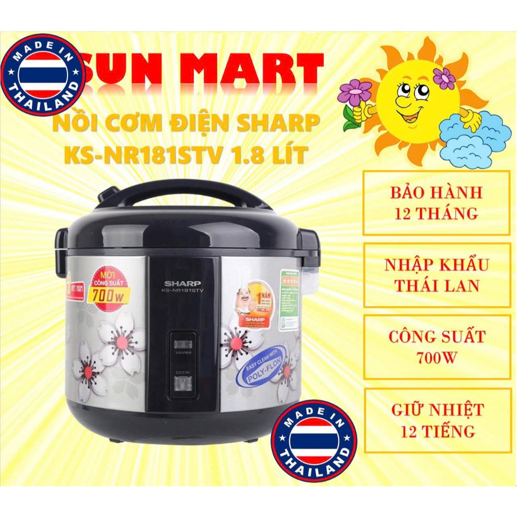 Nồi cơm điện Sharp KS-NR191STV & KS-NR181STV 1.8 lít, công suất 700W, nhập Thái Lan, bảo hành 12 thá