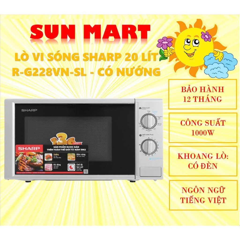 Lò vi sóng Sharp R-G228VN-SL 20 lít, có nướng, công suất 1000W, chính hãng, bảo hành 12 tháng toàn q