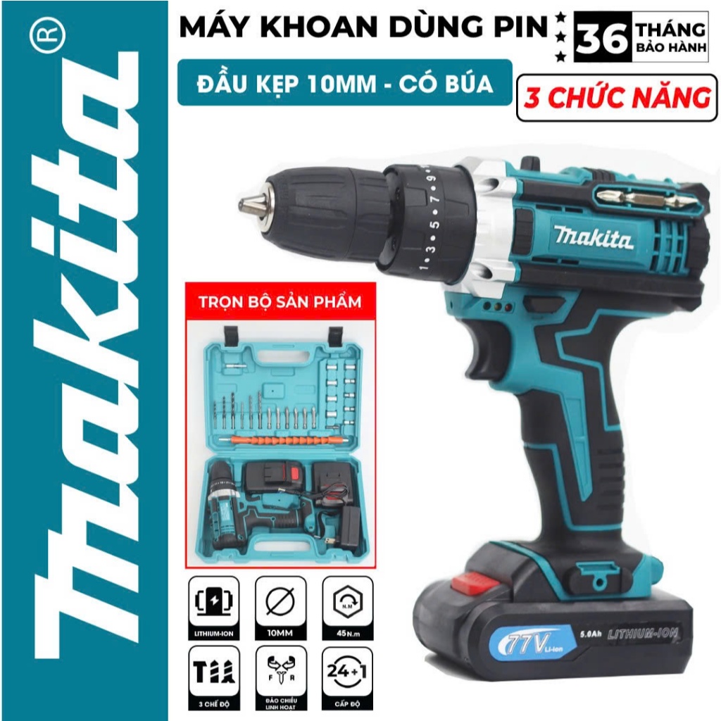 Máy Khoan Pin Makita 77vf 3 CHỨC NĂNG KHOAN TƯỜNG, BẮN VÍT - TẶNG BỘ ĐỒ PHỤ KIỆN ĐA NĂNG