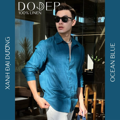 DODEP Áo sơ mi nam linen 100% tay dài cổ button-down