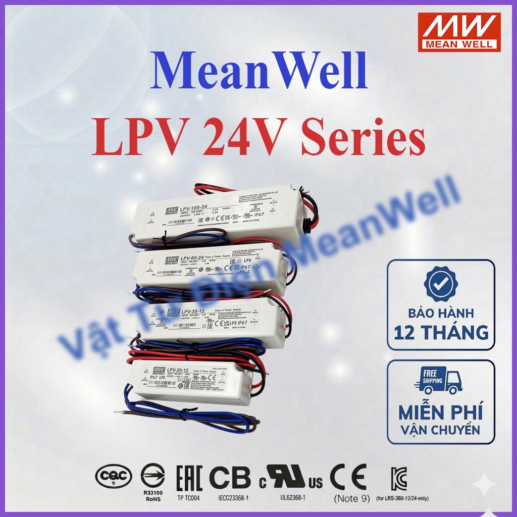 Nguồn Led 24V Meanwell LPV-20-24, LPV-35-24, LPV-60-24, LPV-100-24, LPV-150-24 chống nước IP67