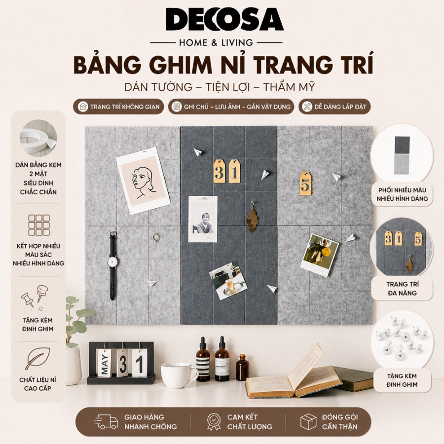 Bảng ghim nỉ dán tường nhiều màu tặng kèm đinh ghim DECOSA