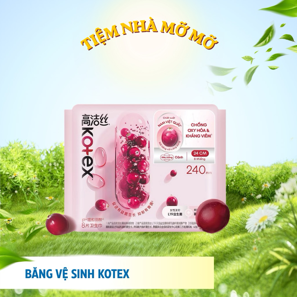 Băng Vệ Sinh Kotex Cranberry Nam Việt Quất Kháng Viêm, Chống Oxy Hóa, Siêu Mỏng Cánh 24cm 8 miếng/gó