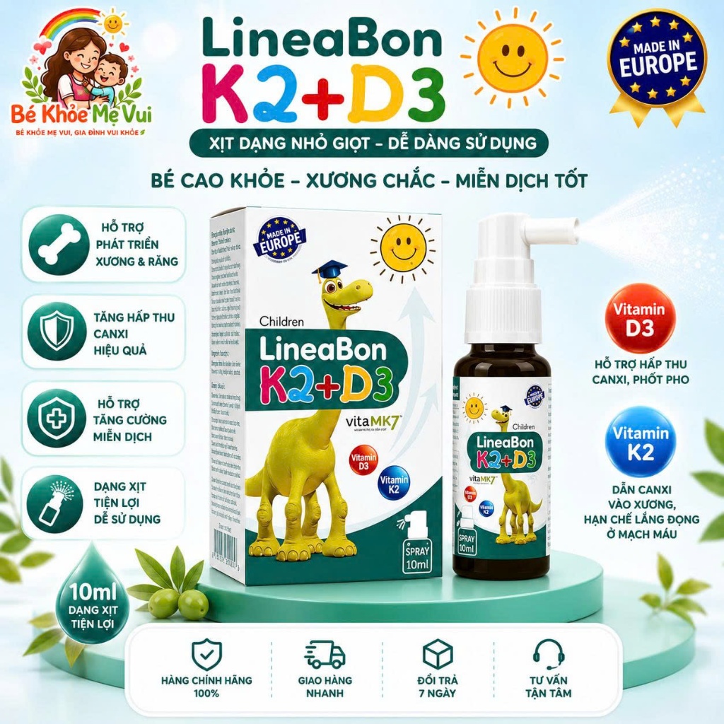 TPBVSK LINEABON K2D3 (Màu xanh dạng xịt) – Hỗ trợ tăng chiều cao, hết còi xương - Nhập khẩu Châu Âu
