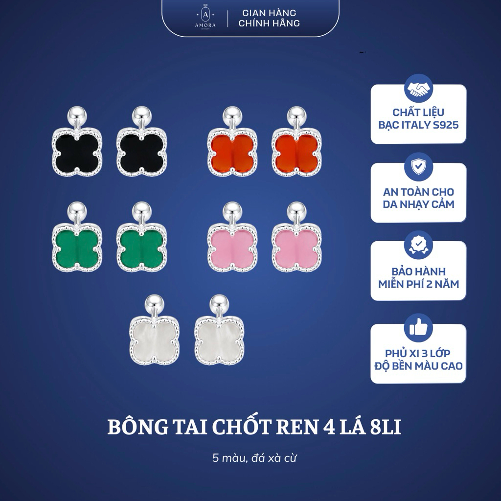 Bông tai nữ cỏ 4 lá đá xà cừ AMORA bạc thật S990 bông nụ bấm cài các màu theo mệnh AMORA JEWELRY
