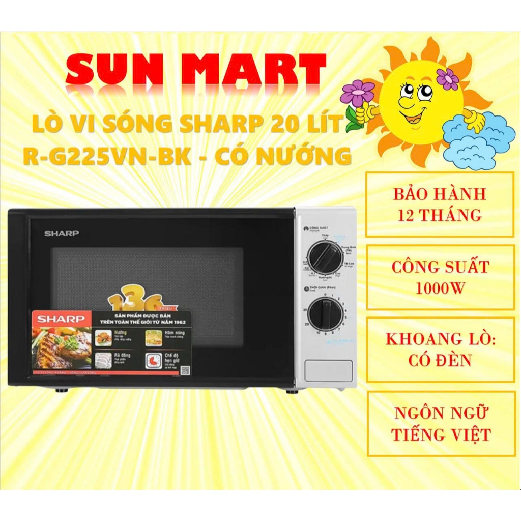 Lò vi sóng Sharp R-G225VN-BK 20 lít, có nướng, công suất 1000W, chính hãng, bảo hành 12 tháng toàn q