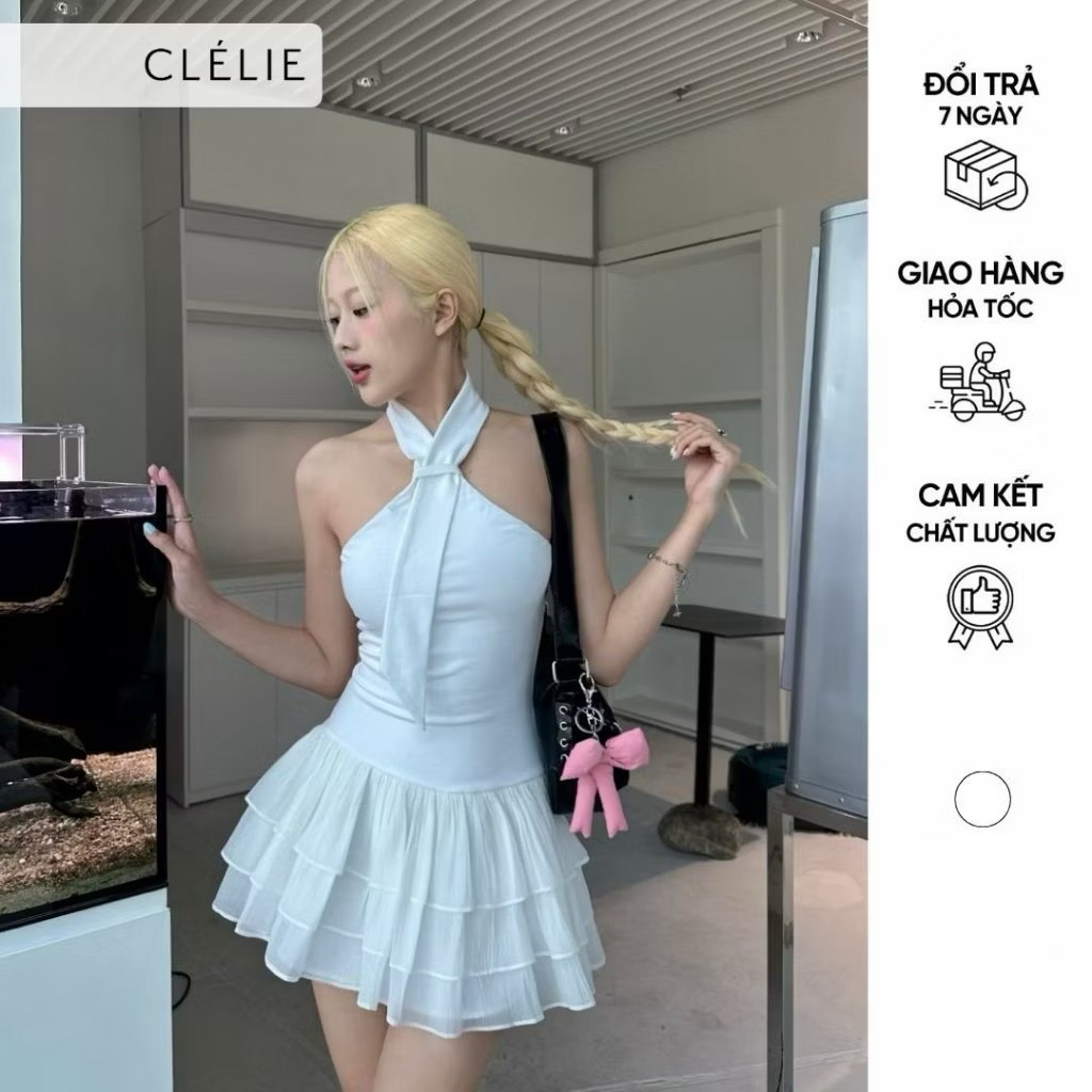 Pass đen S - CLÉLIE Đầm thun cà vạt phối tơ tùng xòe 3 tầng DALIA DRESS
