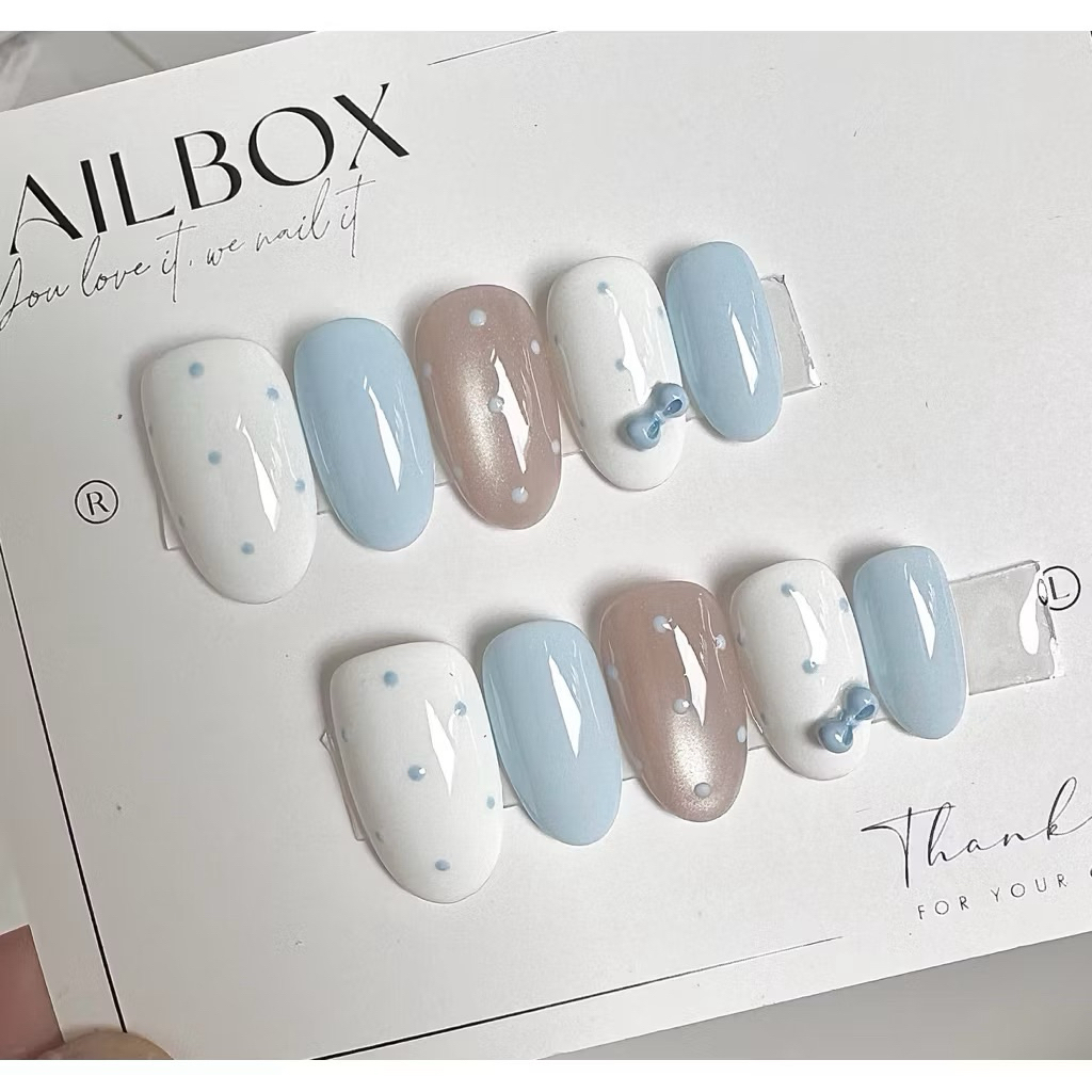 [N12].Nailbox chấm bi nơ xanh