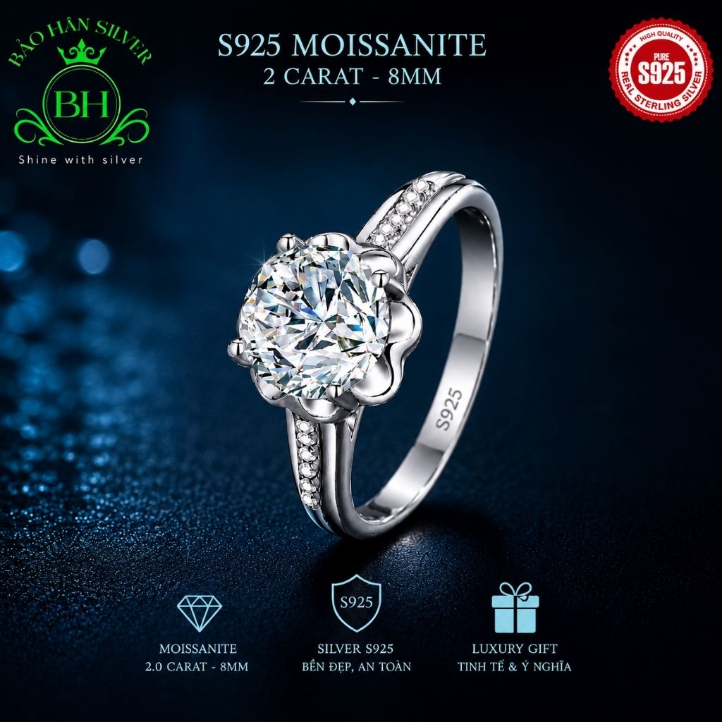 Moissanite 8ly 2carat Nhẫn bạc nữ Moissanite nhẫn kim cương Moissanite bạc 925 nhẫn cầu hôn bạc nhẫn