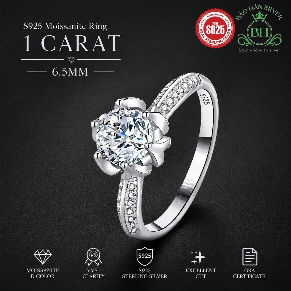 Moissanite 6.5ly 1 carat Nhẫn bạc nữ Moissanite nhẫn kim cương Moissanite bạc 925 nhẫn cầu hôn bạc n