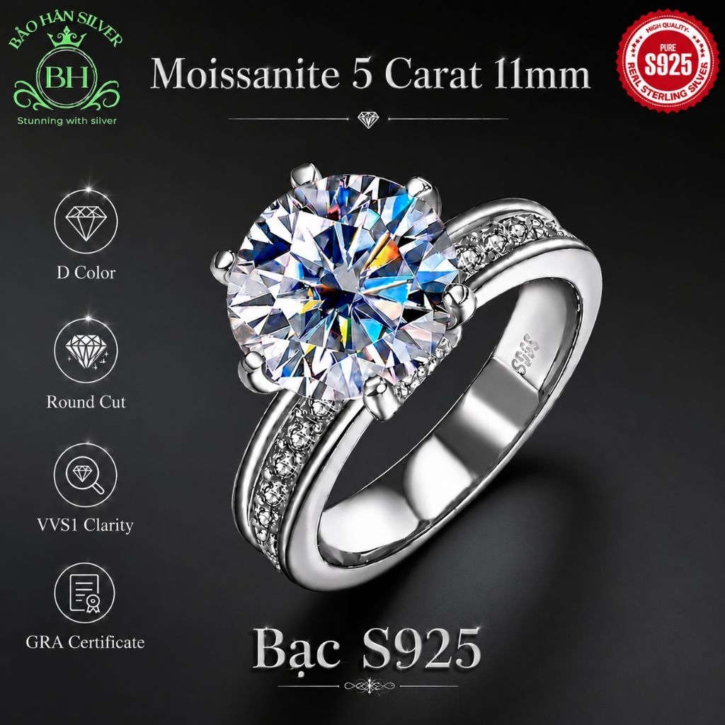 Moissanite 11ly 5 carat Nhẫn bạc nữ Moissanite nhẫn kim cương Moissanite bạc 925 nhẫn cầu hôn bạc nh
