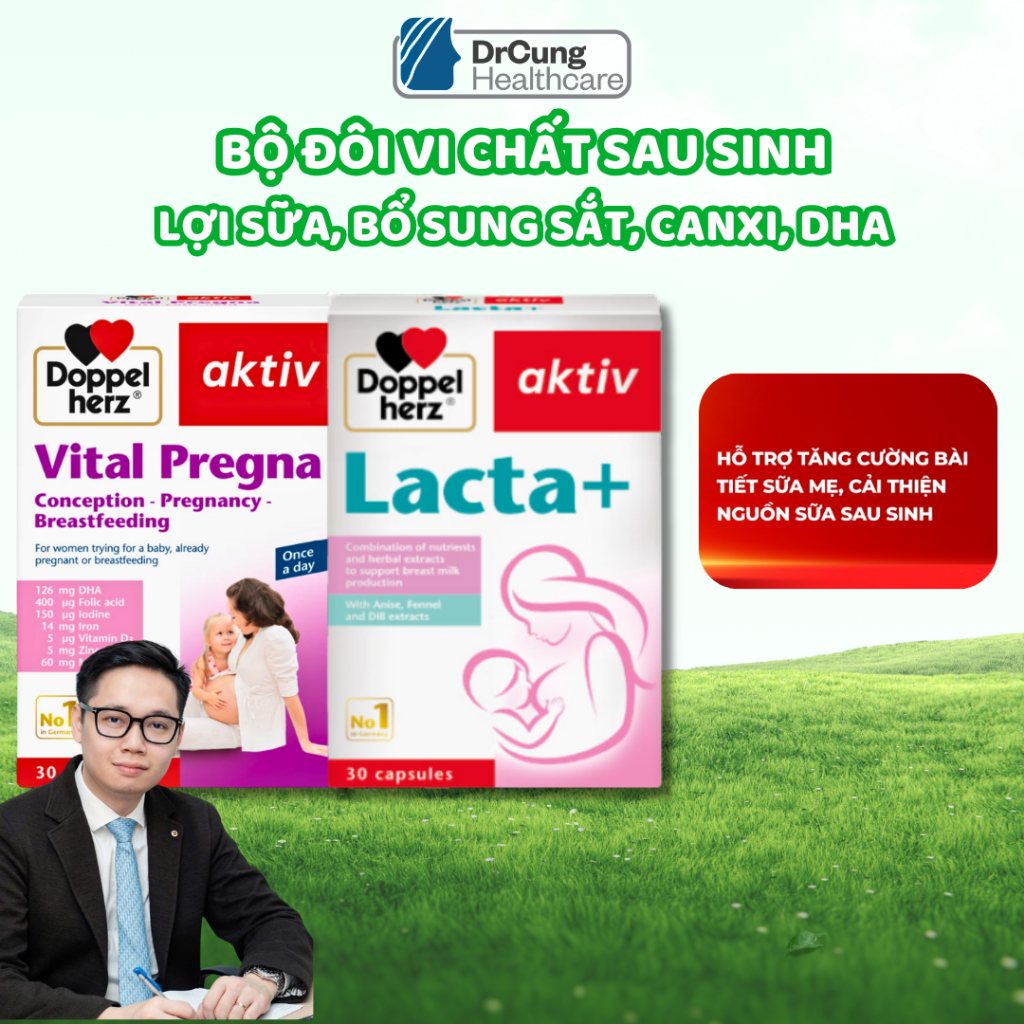 COMBO 2 HỘP Lợi Sữa LACTA+ Doppelherz Aktiv, VITAL PREGNA Vitamin Sau Sinh - Cải Thiện Nguồn Sữa Mẹ,