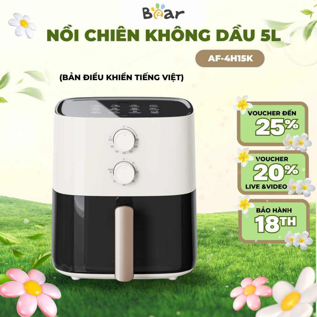 Nồi chiên không dầu Bear QZG-J15M1, Dung tích 5L, Núm cơ cài đặt, Cửa kính dễ quan sát, BH 18 Tháng