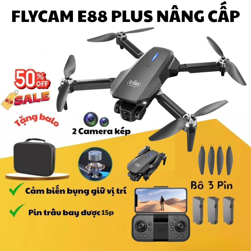 PIycam Mini, Flycam Giá Rẻ, Máy Bay Không Người Lái E88 PLUS Camera Kép,Chế Độ Cảm Biến Tránh Giữ Vị