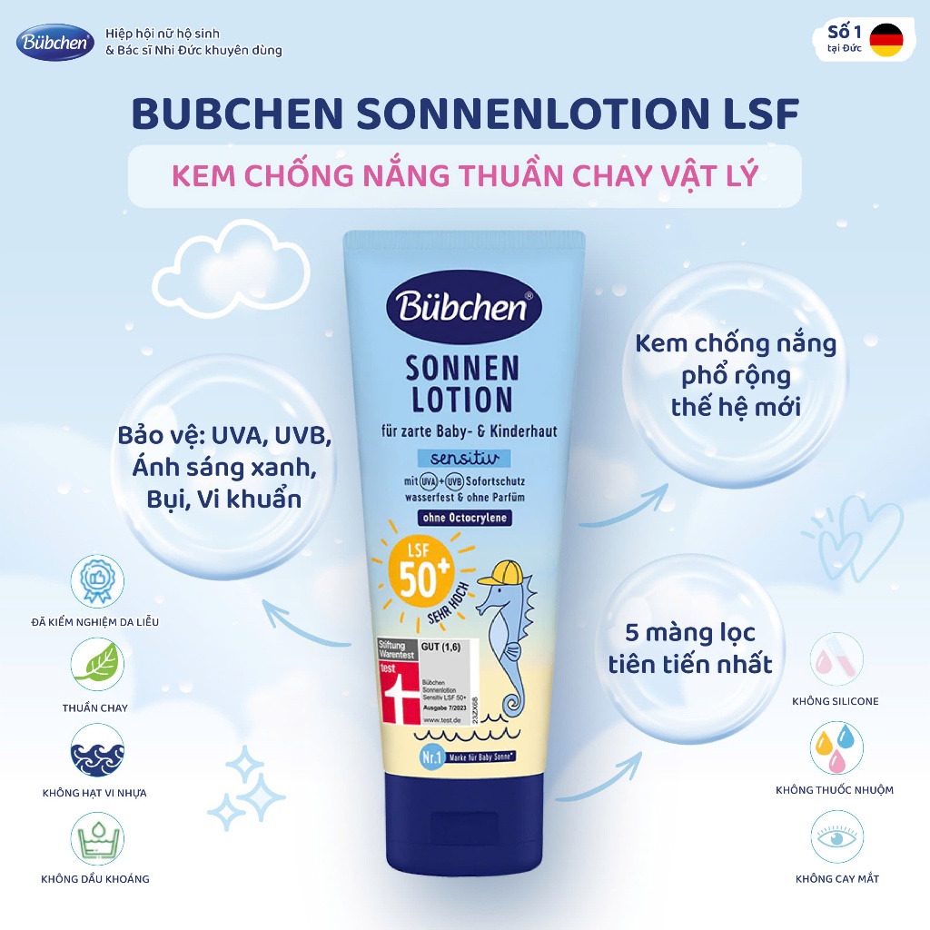 Kem chống nắng thuần chay vật lý Bubchen Sonnenlotion LSF 50+ 100ml