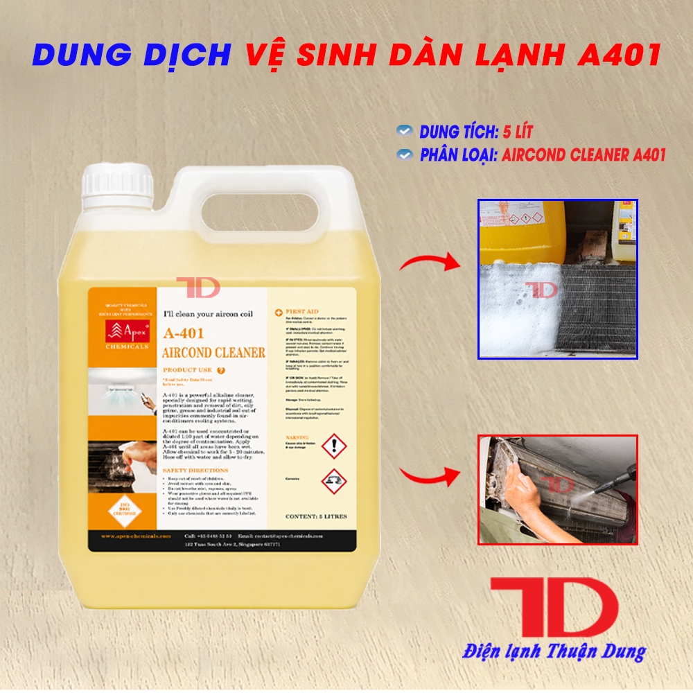 Chất tẩy rửa dàn nhôm  A400 Coil Kleen - A401 Aircond Cleaner 5 lít, nước tẩy rửa dàn lạnh dàn nóng 