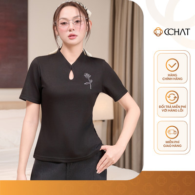 Áo Thun Nữ 𝐂𝐂𝐇𝐀𝐓 Dáng Ôm Madair Họa Tiết Hoa Trang Trí Chất Liệu Mềm Mại 16TNC6029OT