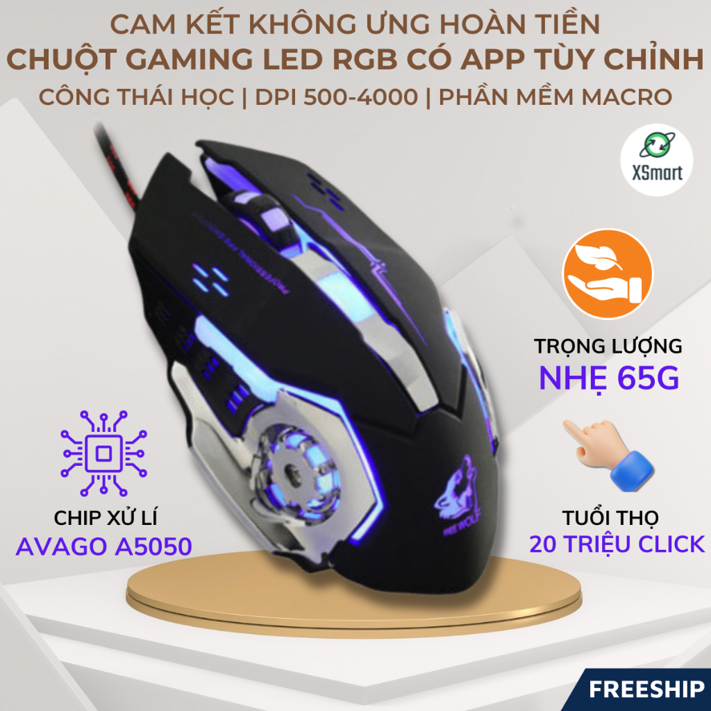 Chuột Máy Tính Gaming V5 Chơi Game LED RGB Siêu Cao Cấp, Tự Động Đổi Màu, Có App Macro