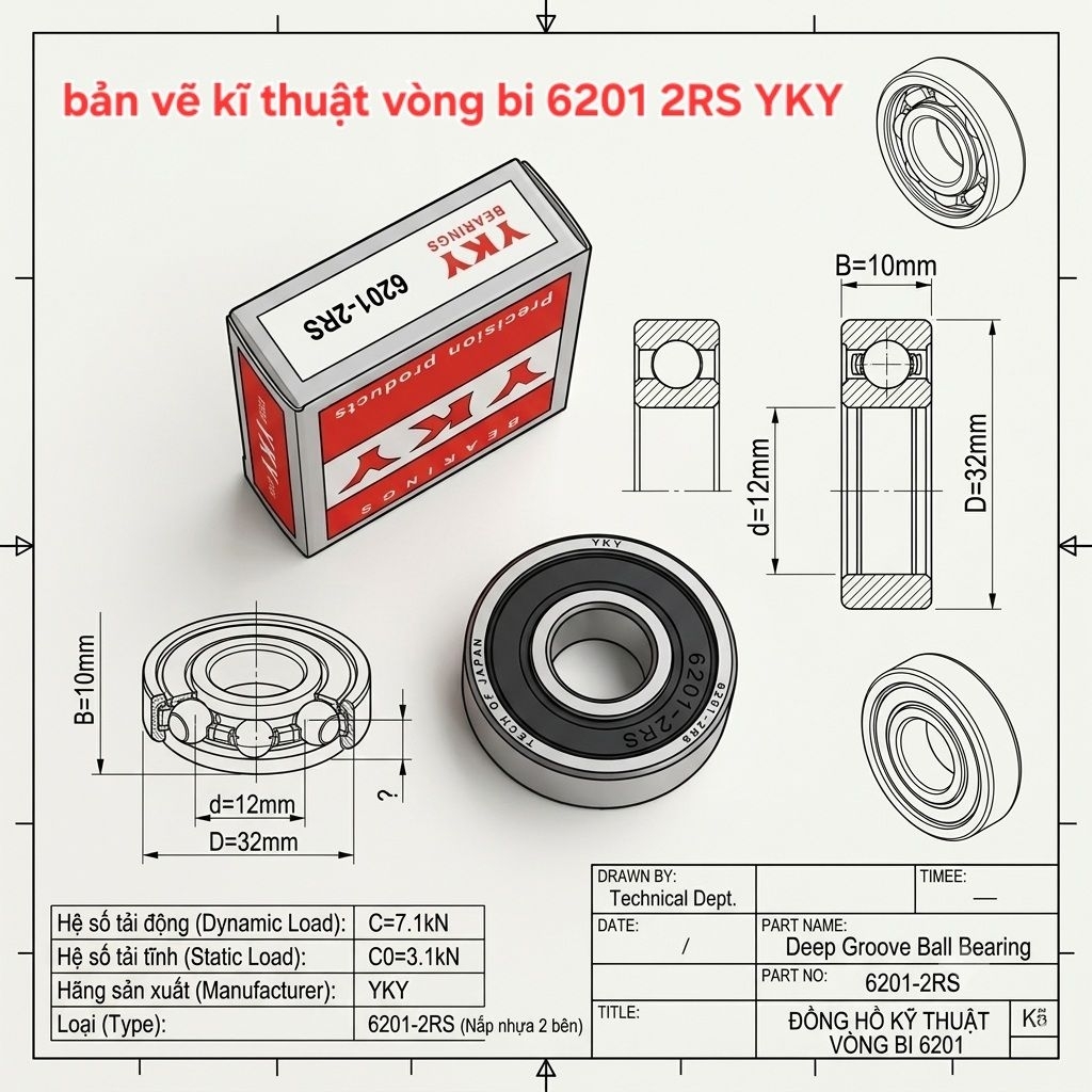 Hộp 10 cái vòng bi 6201 2RS YKY ( cốt 12x32x10mm)