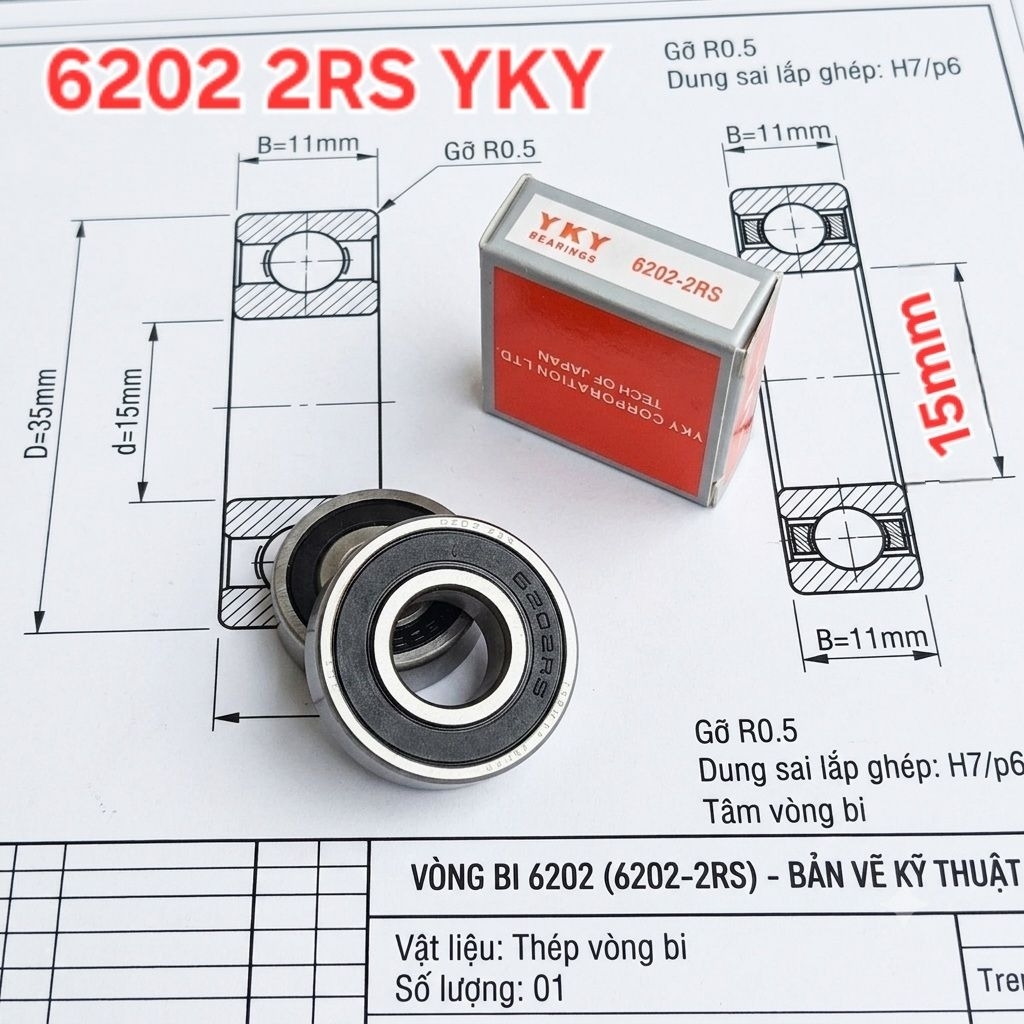 Hộp 10 cái bạc đạn 6202 2RS YKY ( cốt 15x35x11mm)
