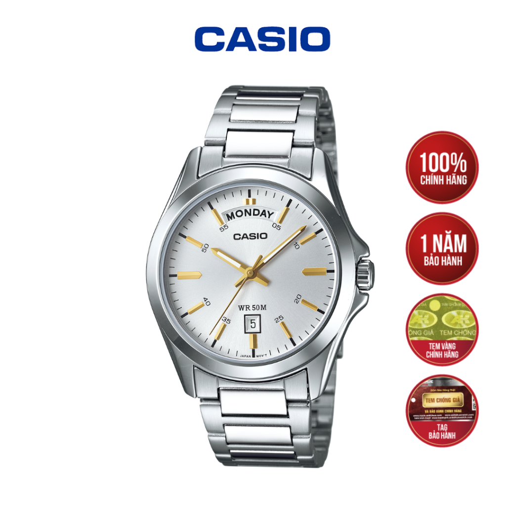[MÃ MTP-1370D-7A2VDF] Đồng Hồ Casio Dây Thép - Mặt Bạc Kim Cọc Vàng Chống Nước 50M