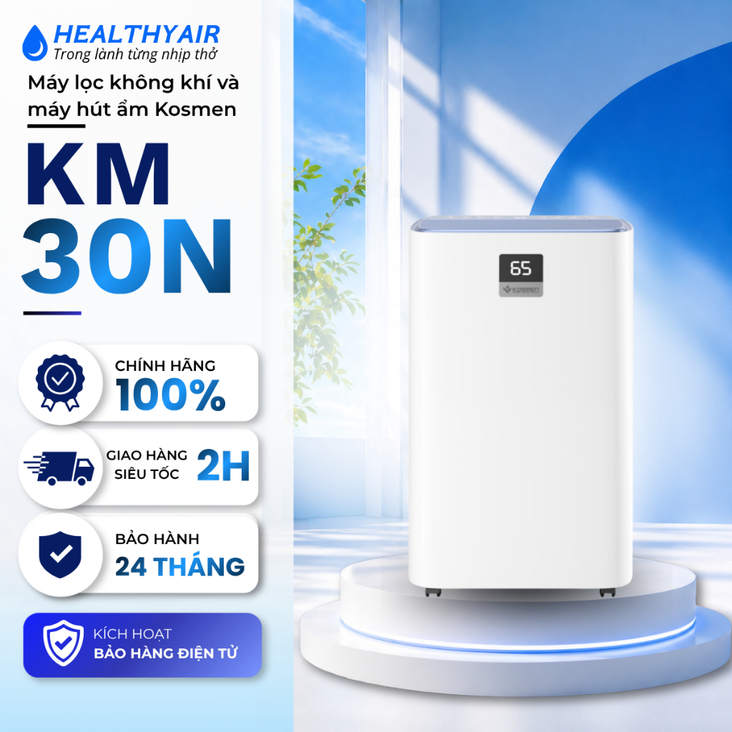 Máy Hút Ẩm & Lọc Không Khí Kosmen KM-30N (30L/Ngày) Chính Hãng | HEPA H13, Ion Âm, Wifi Thông Minh