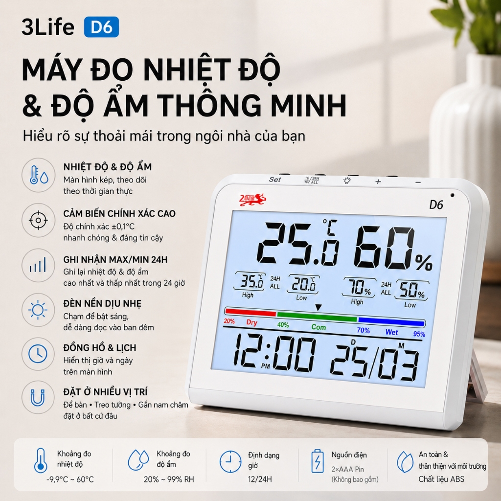 3Life Nhiệt Ẩm Kế Điện Tử LCD Lớn Đo Nhiệt Độ Độ Ẩm Trong Nhà Có Đèn Nền Ghi Nhớ 24H Đồng Hồ Lịch