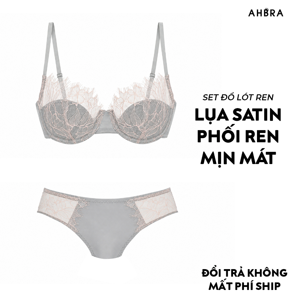 Set Đồ Lót Ren Sexy Nữ Gợi Cảm Có Gọng Mút Mỏng Phối Lụa Satin AHBRA G88