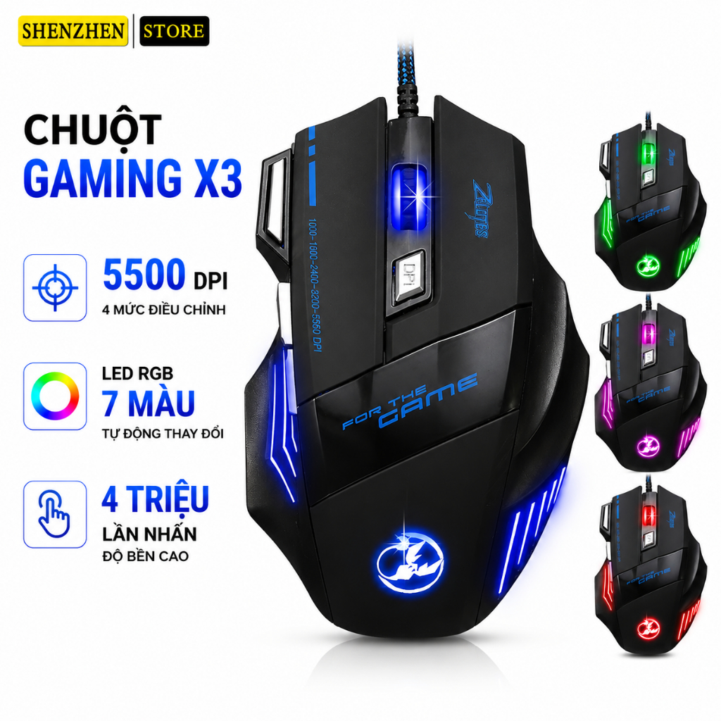 Chuột chơi game có dây Dragon X3 led 7 màu DPI lên đến 5500 siêu mượt dây dài bọc dù -DC1250 | BigBuy360 - bigbuy360.vn