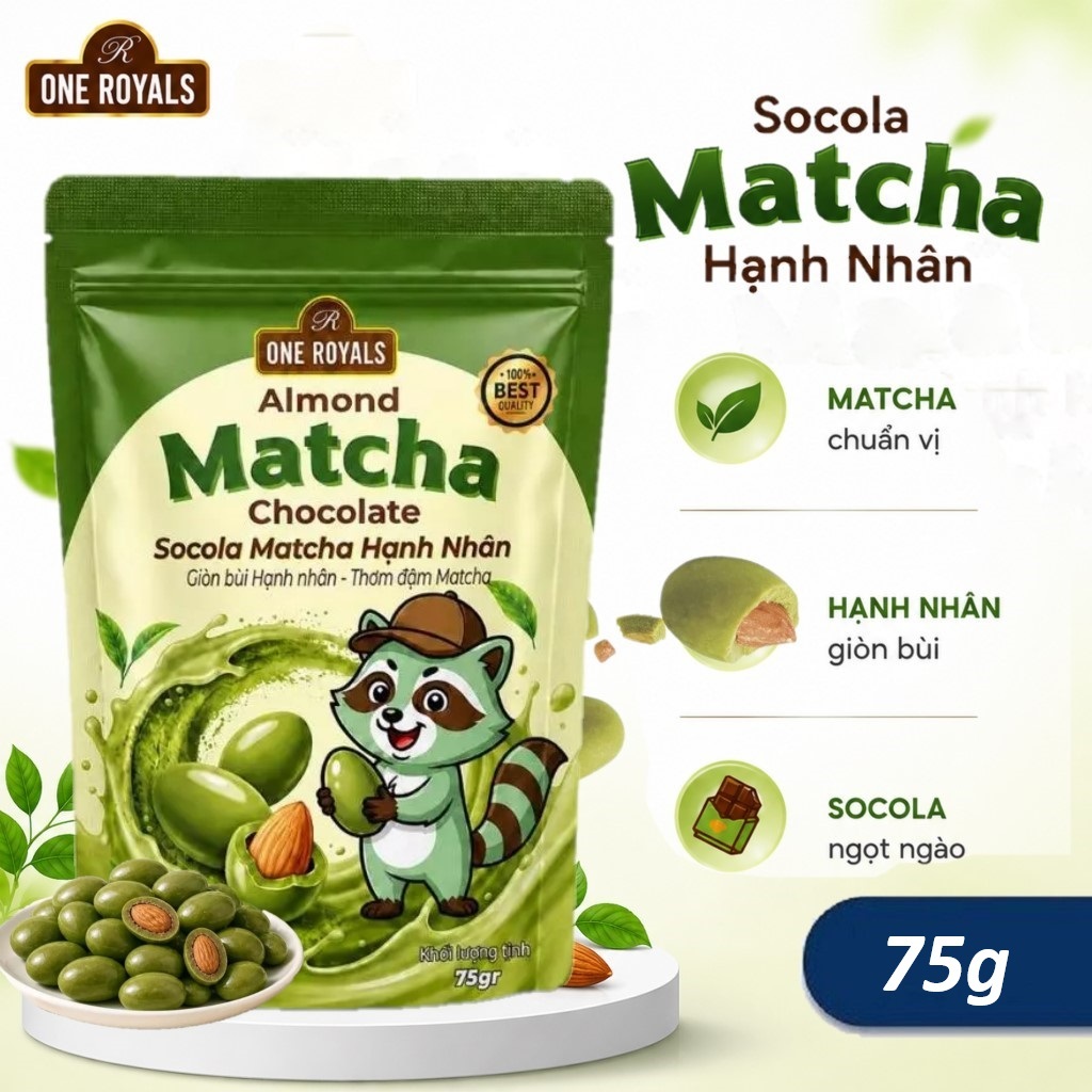 Socola Matcha Bọc Hạnh Nhân ONE ROYALS Almond Matcha Chocolate 75g Giòn Bùi Thơm Đậm Matcha Latte