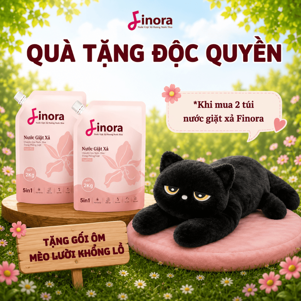 Combo 2 túi nước giặt Finora + Tặng Mèo Đen Khổng Lồ - Nước giặt mỗi túi 1Kg + túi 2 Kg Hương Nước H