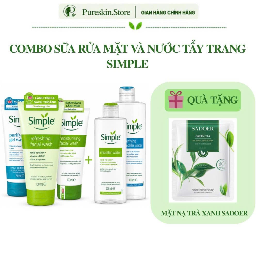 Combo sữa rửa mặt + nước tẩy trang Simple cho da dầu mụn, giảm nhờn, làm sạch da mặt, ngừa mụn ẩn