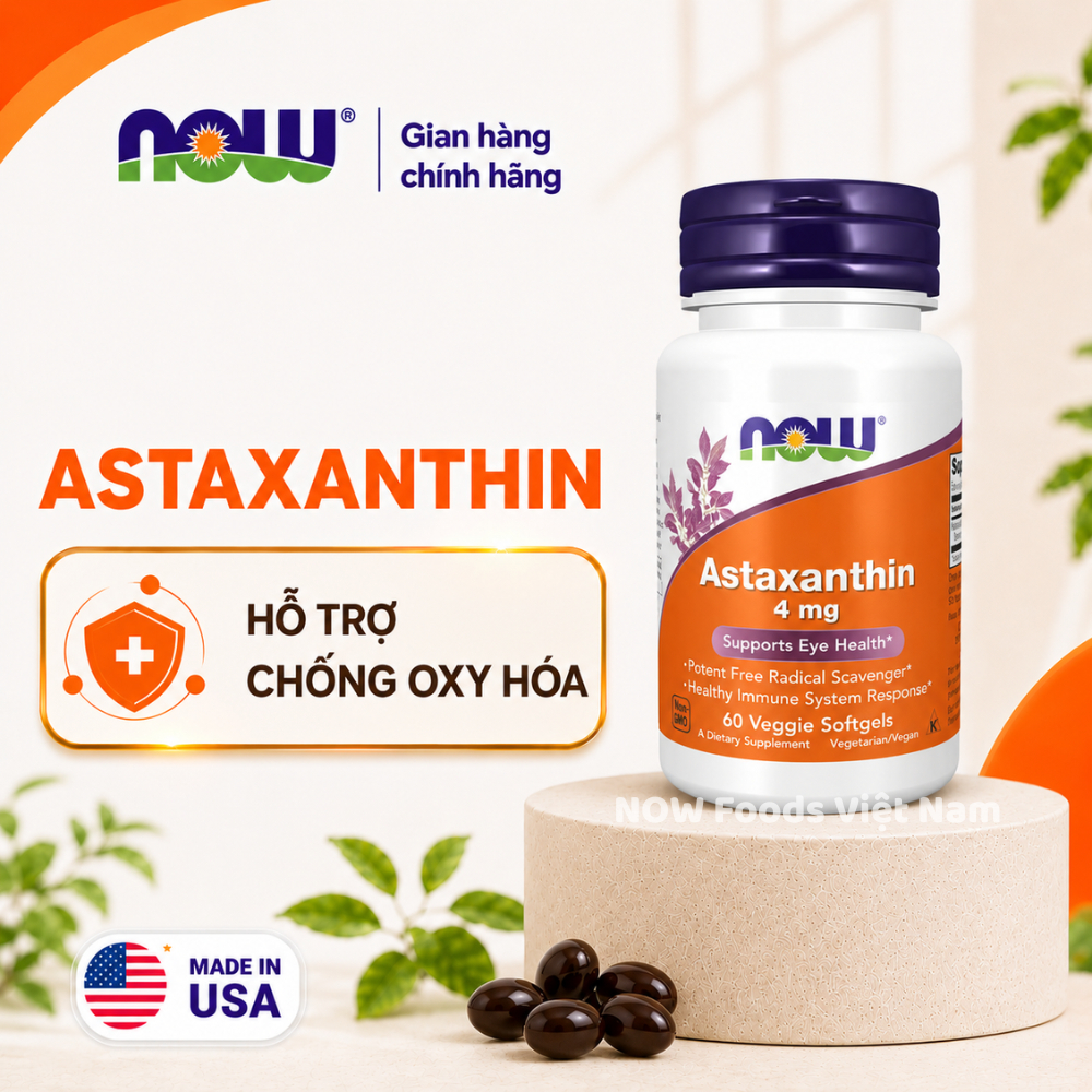 (đủ bill) Viên uống Astaxanthin Now 12mg / 10mg / 4mg hỗ trợ giảm lão hóa da, chống oxy hóa tế bào