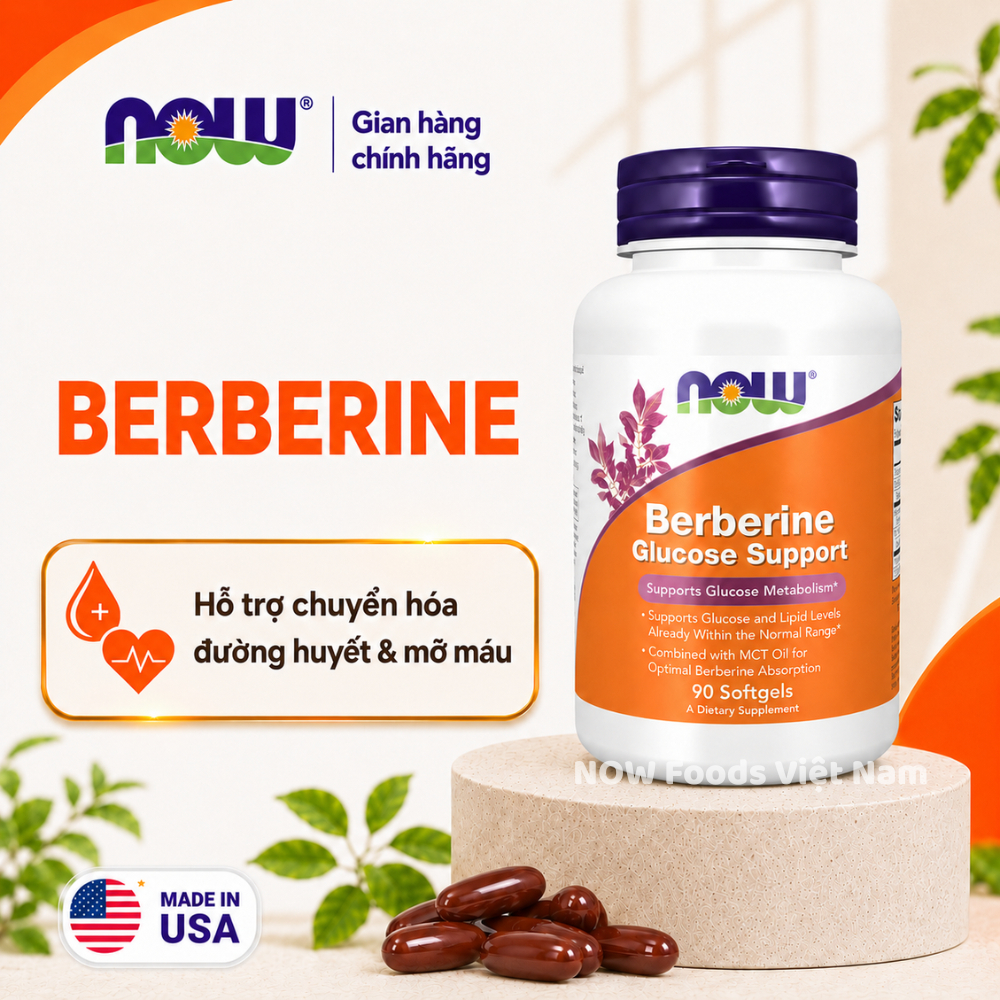 Viên hỗ trợ rối loạn chuyển hóa Berberine Now (90 viên) kiểm soát đường huyết, cholesterol