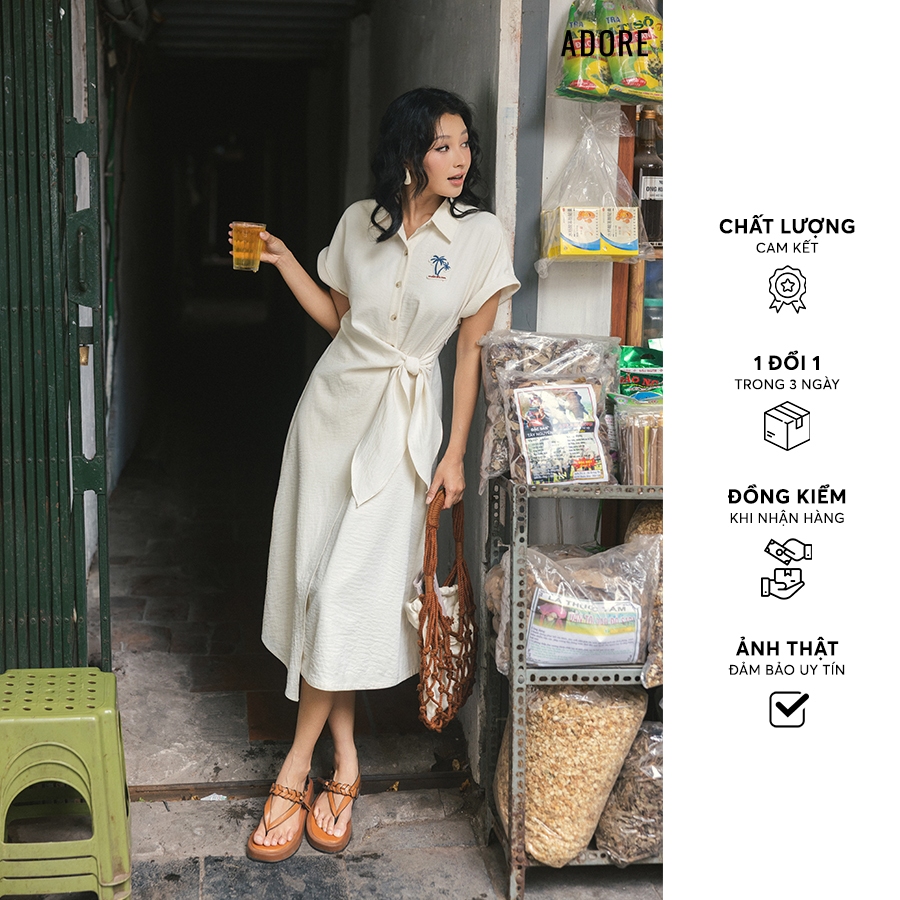 Đầm trắng kem Hawai cổ sơ mi nơ vắt lệch 611DR2008 ADORE