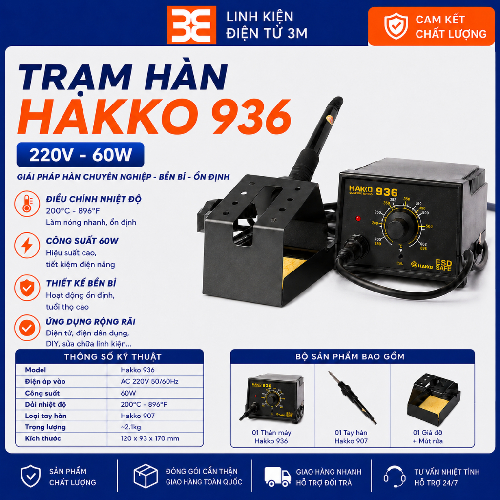 Mỏ hàn thiếc, trạm hàn Hakko 936 220v 60w, mỏ hàn chì điều chỉnh nhiệt độ từ 200 đến 480 độ