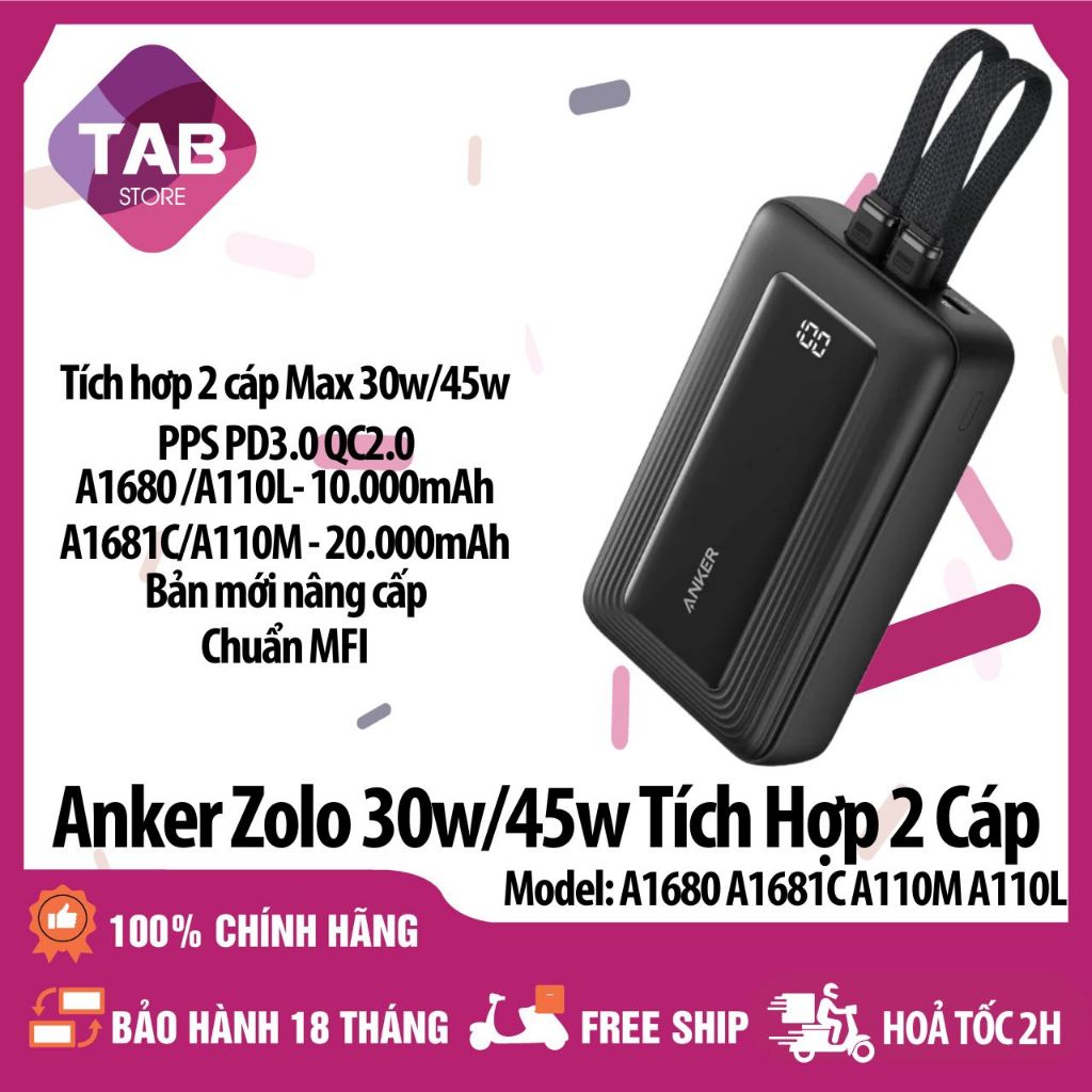 Sạc Anker Zolo 10.000/20.000mAh Tích Hợp 2 Cáp 35w 45w A1681C A110M A110L - Bảo Hành 18 Tháng