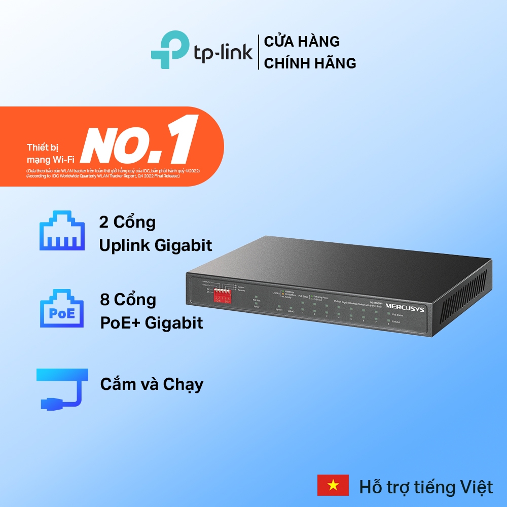 Bộ Switch Để Bàn Mercusys MS110GMP | 10 Cổng Gigabit, 8 Cổng PoE+, Chế Độ Isolation Mode
