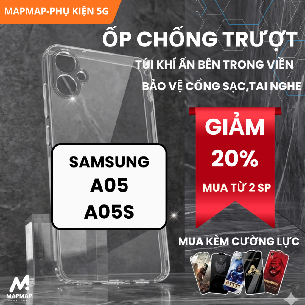 Ốp lưng Samsung A05, A05s MAPMAP chống trơn trượt | Ốp điện thoại SS galaxy dẻo bảo vệ camera đt sám