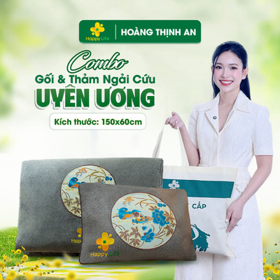Combo Gối Và Thảm Ngải Cứu Hoàng Thịnh An Uyên Ương Happy Life Kích Thước 60x150cm