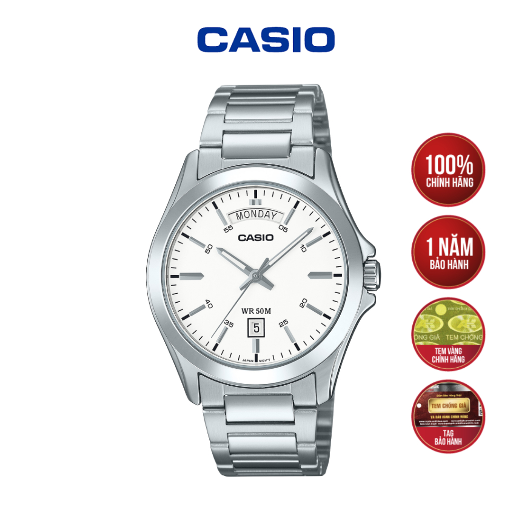 [MÃ MTP-1370D-7A3VDF] Đồng Hồ Casio Dây Thép - Mặt Trắng Kim Bạc Chống Nước 50M