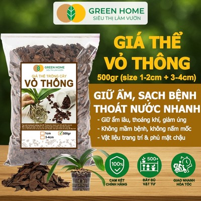 Vỏ Thông GreenHome, Bao 500gr, Đã Qua Xử Lý, Trồng Lan, Kiểng Lá, Sen Đá, Rãi Bề Mặt Chậu Cây