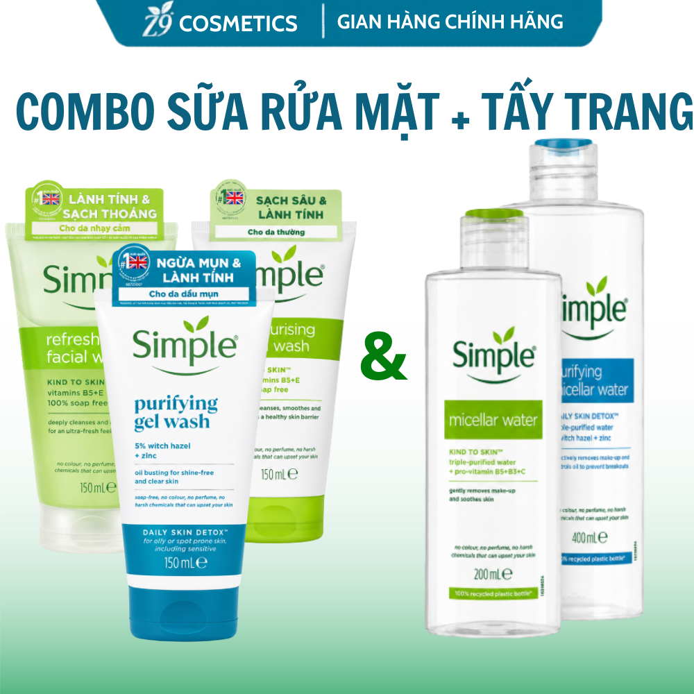 Combo sữa rửa mặt + nước tẩy trang Simple cho da dầu mụn, giảm nhờn, làm sạch da mặt, ngừa mụn ẩn