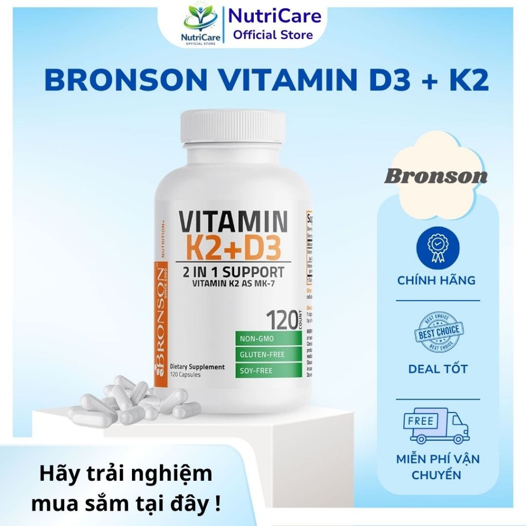 Bronson Vitamin K2 + D3 + Viên uống hỗ trợ tăng hấp thụ và chuyển hóa canxi vào xương