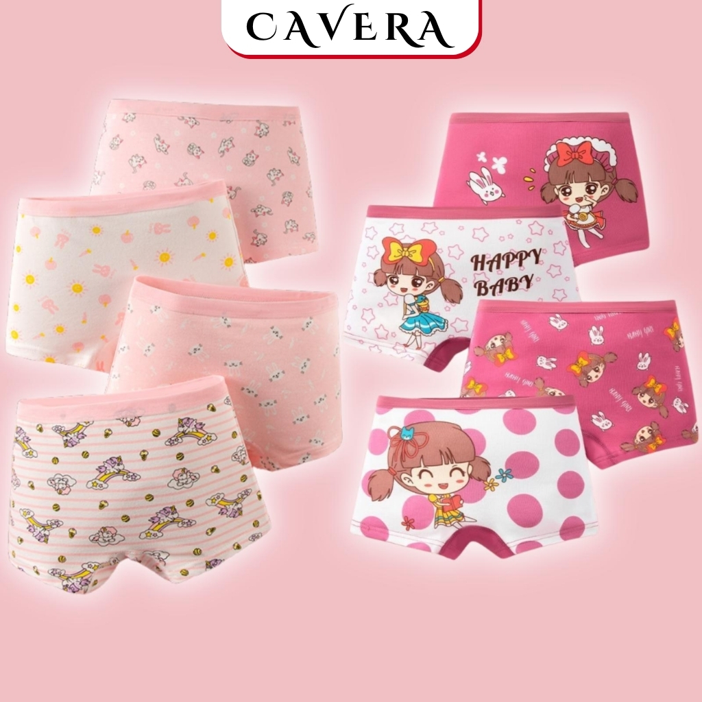 Set 4 Quần Lót Trẻ Em Cotton Dáng Đùi – Combo 4 Quần Chip Bé Gái Mềm Mại Thoáng Mát Vận Động CAVERA 