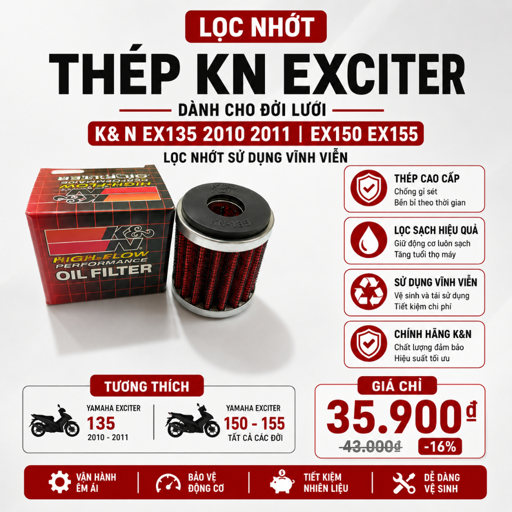 Lọc nhớt thép KN Exciter các đời lưới đỏ K&N EX135 2010 2011 EX150 EX155 - lược nhớt sử dụng vĩnh vi