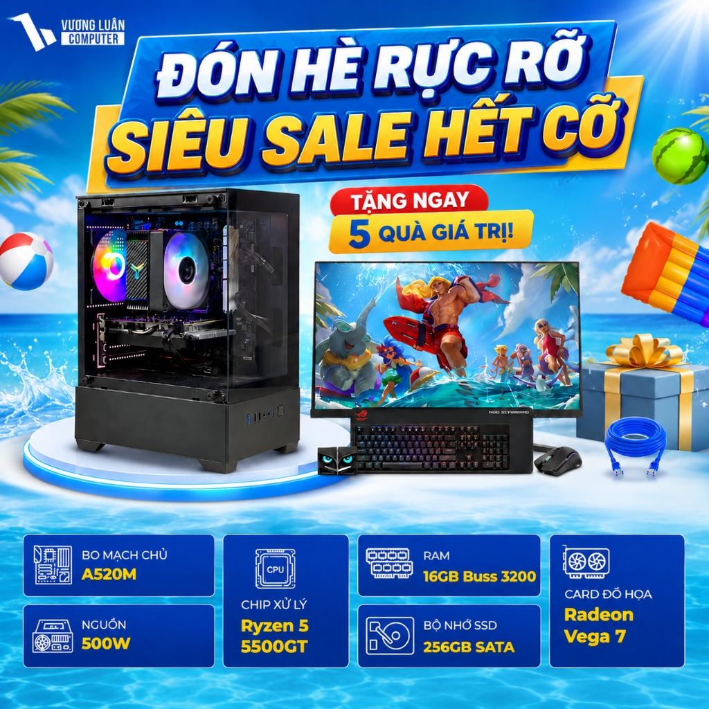 Bộ PC Gaming AMD chiến LOL Chơi game Esport (5500GT/16G/256G) Free DOS-Tặng màn hình