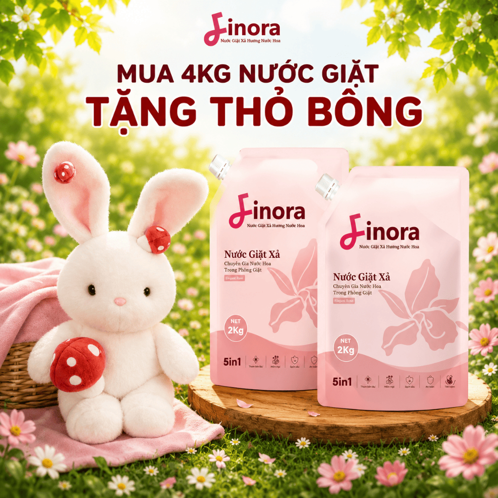 (Tặng 1 thỏ size To)  Combo 4kg Nước Giặt Finora  Hương Nước Hoa, Sạch Sâu Thơm Lâu